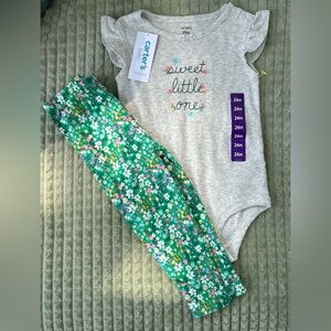 Carter’s 24M Matching Girls set NWT Grey and Green Flowers